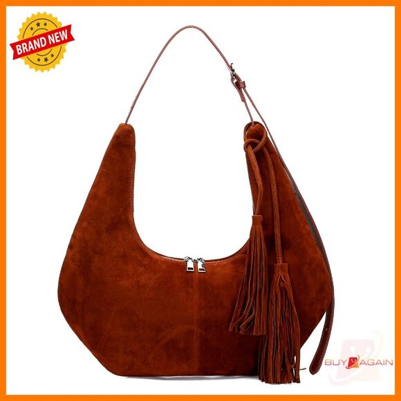 Handbags - Faux Suede Hobo Bag with Tassel, Adjustable Strap, Spacious Pockets